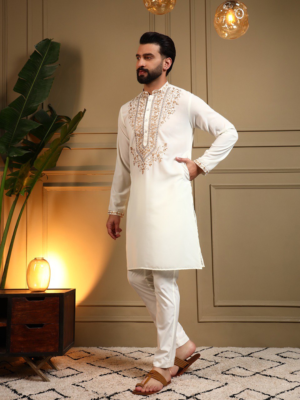Classic Designer Embroidered Kurta Set For Men With White Pajama