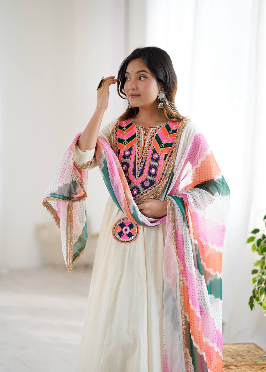 CREAM ANARKALI SUIT WITH MULTICOLOR EMBROIDERED NECKLINE AND PRINTED DUPATTA