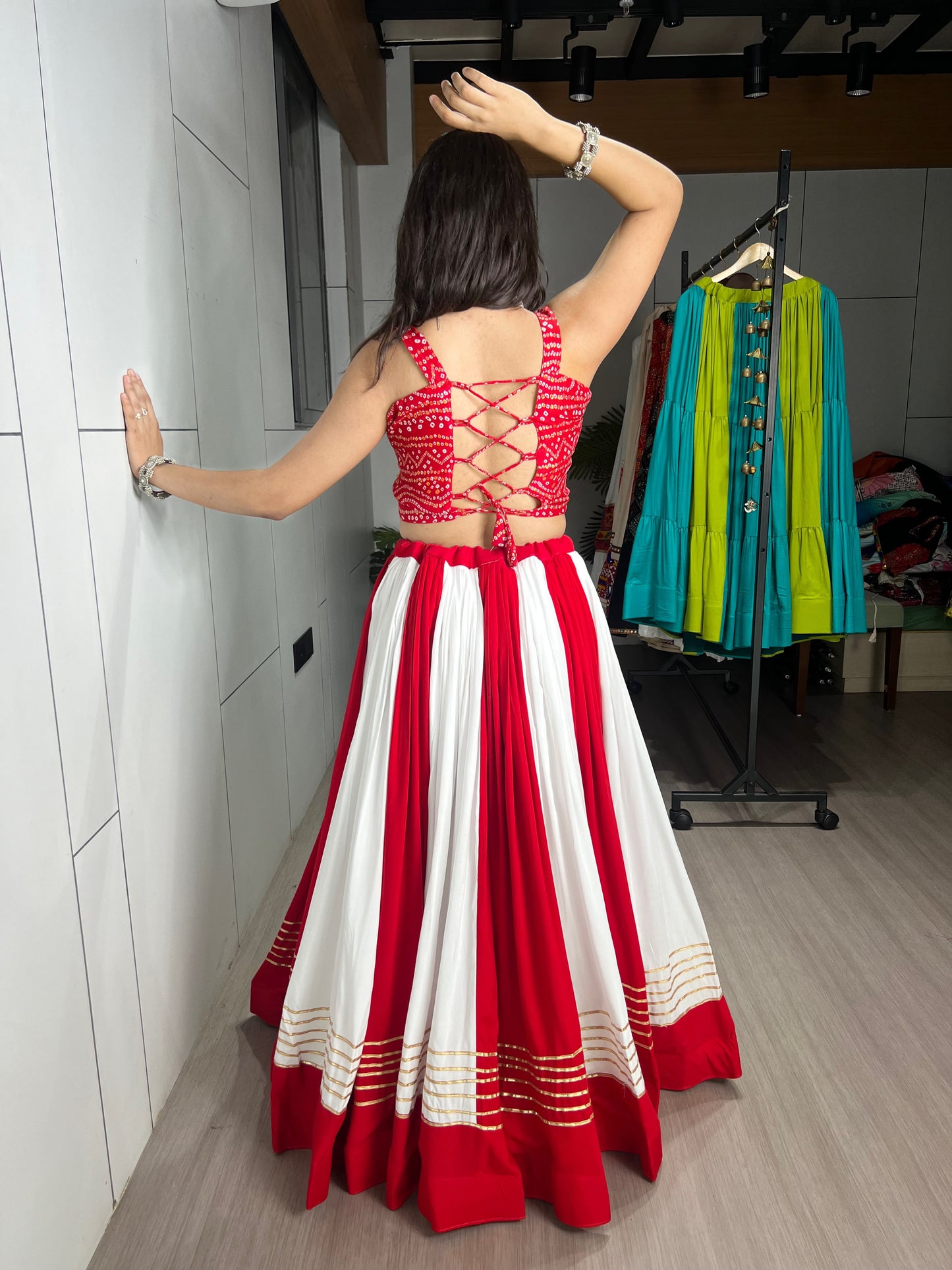 6 Meter Flair Red White Panelled Lehenga Choli With Kutchi Gamthi Mirror Work