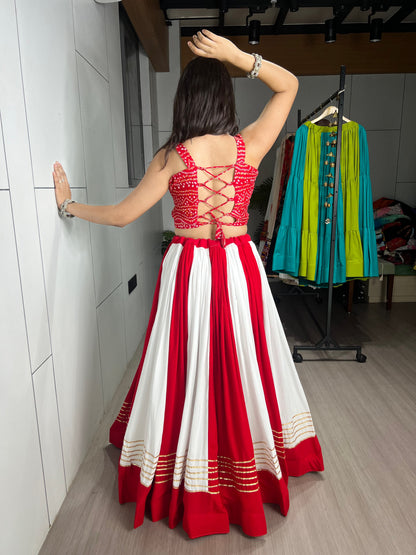 6 Meter Flair Red White Panelled Lehenga Choli With Kutchi Gamthi Mirror Work