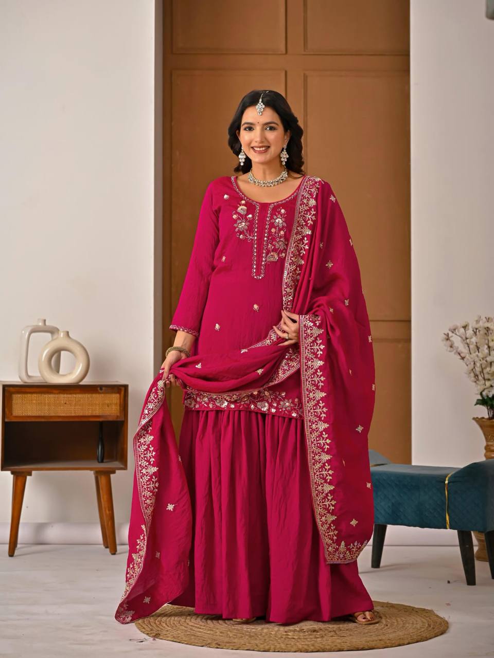 Rani Pink Zari And Sequins Embroidered Sharara Suit Set With Dupatta