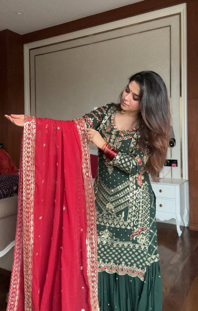 DARK GREEN EMBROIDERED SHARARA SUIT WITH HERITAGE TOUCH