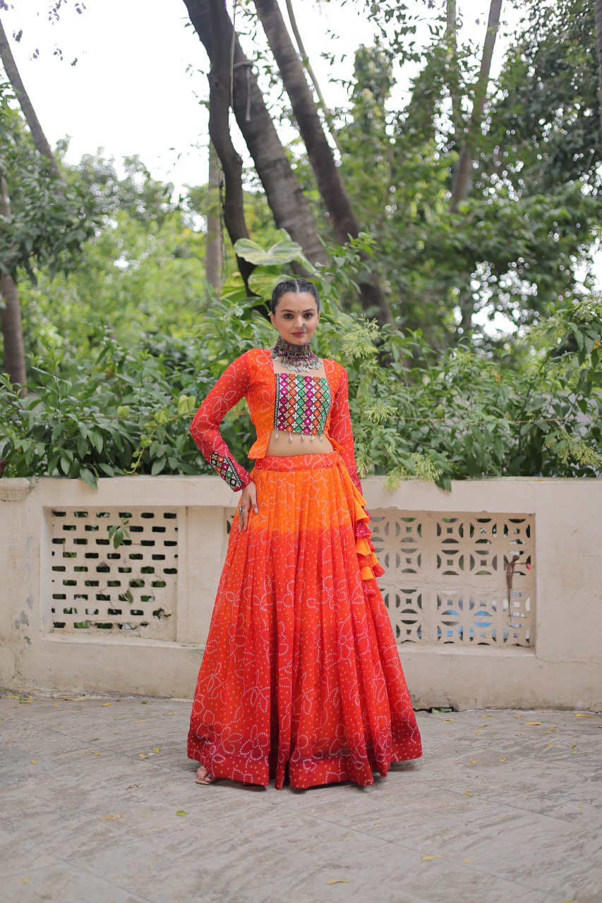 Bandhani Print Lehenga Set With Mirror Work Blouse And Full Sleeves