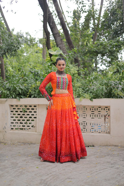 Bandhani Print Lehenga Set With Mirror Work Blouse And Full Sleeves