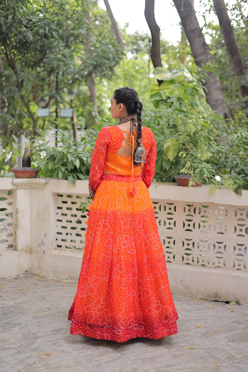 Bandhani Print Lehenga Set With Mirror Work Blouse And Full Sleeves