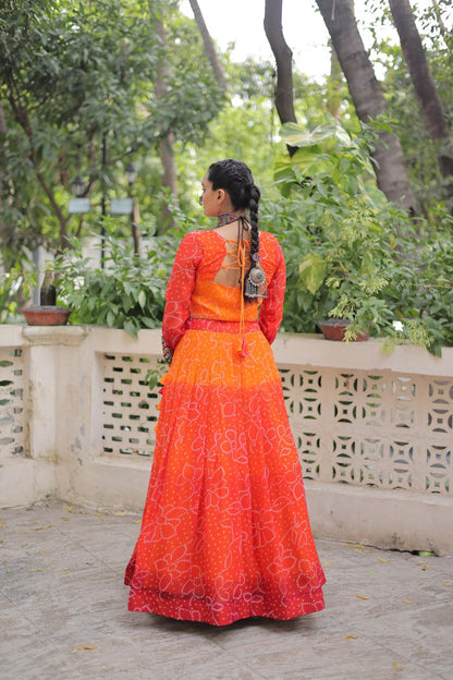 Bandhani Print Lehenga Set With Mirror Work Blouse And Full Sleeves