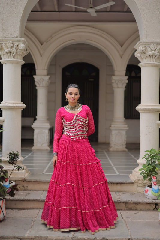 12 Meter Flair Leheriya Lehenga Set With Mirror Work Blouse - 5 Colors