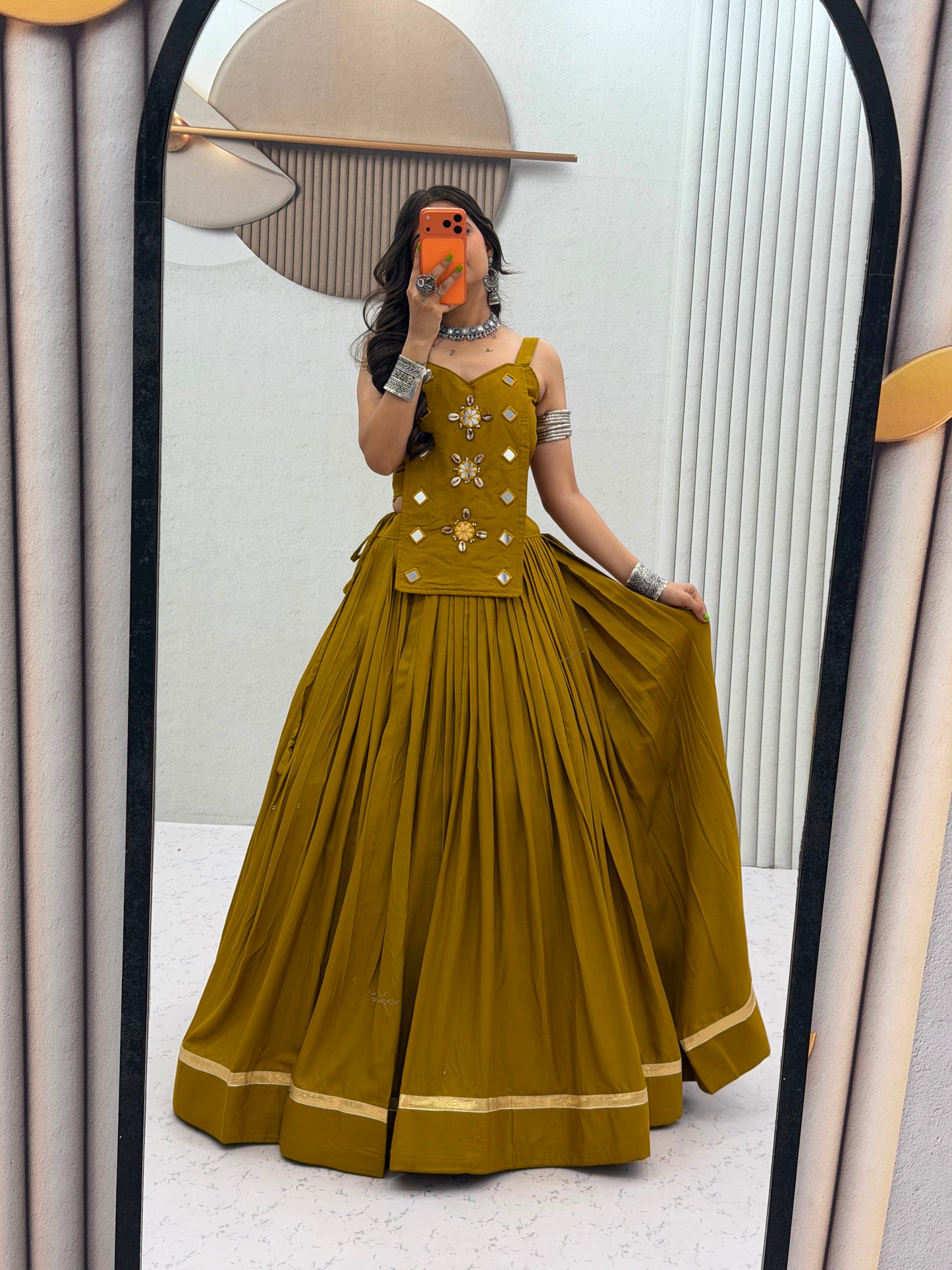 6 Meter Flair Mustard Yellow Plain Lehenga Choli With Mirror Work Jacket