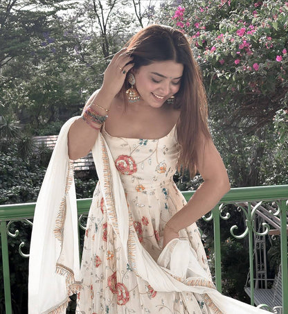 Off White Floral Embroidered Anarkali Gown With Spaghetti Straps And Dupatta