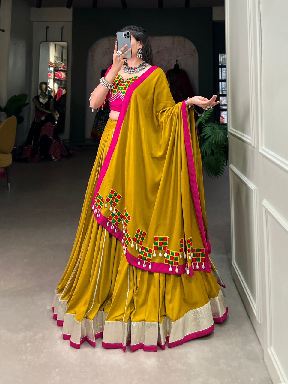 Mustard Yellow Silk Lehenga Choli With Pink Mirror Work Blouse And Dupatta