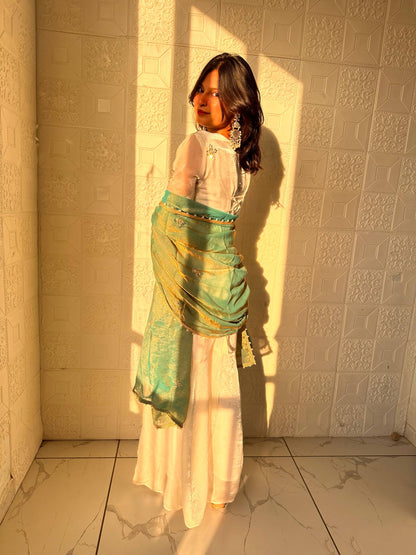 Embroidered Sharara Set with Contrast Sequin Olive Green Dupatta