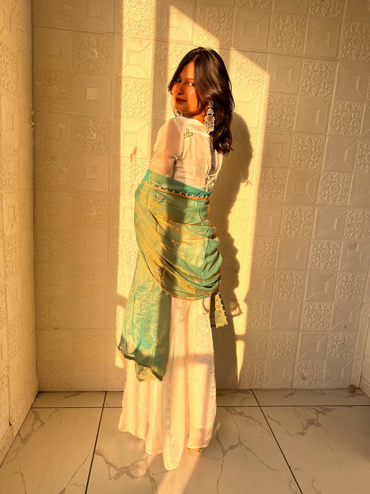 Embroidered Sharara Set with Contrast Sequin Olive Green Dupatta