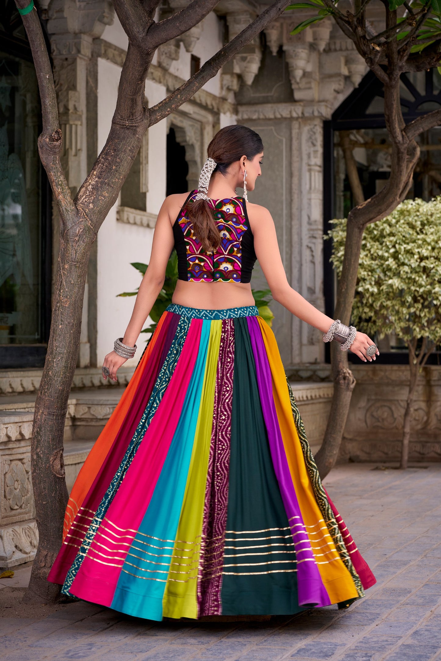 8 Meter Ultra Flair Multicolor Panelled Lehenga Choli With Gamthi Mirror Work Halter Blouse