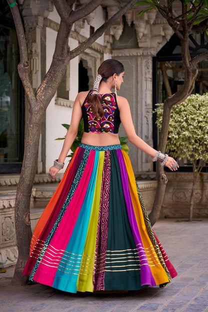 8 Meter Ultra Flair Multicolor Panelled Lehenga Choli With Gamthi Mirror Work Halter Blouse