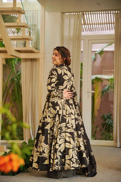 Black And Beige Floral Printed Anarkali Suit With Dupatta