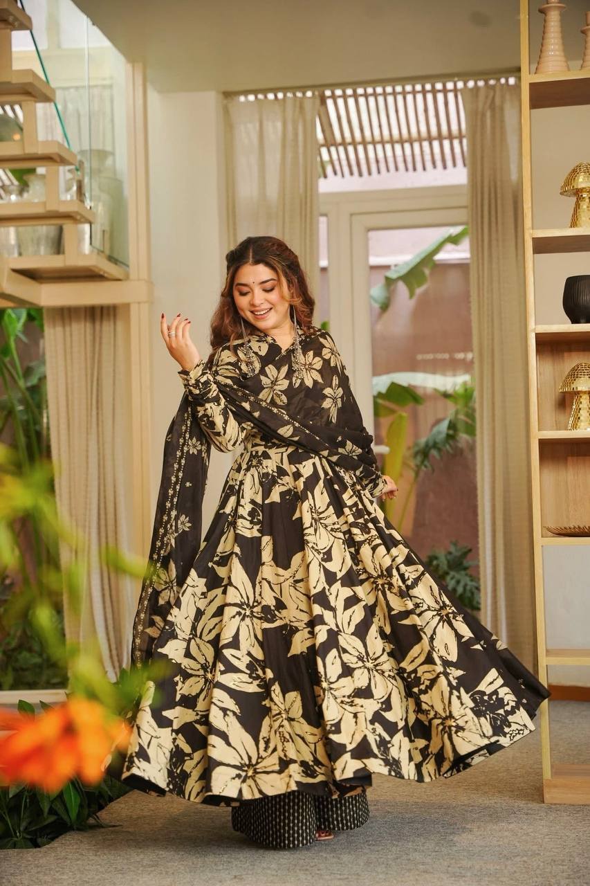Black And Beige Floral Printed Anarkali Suit With Dupatta