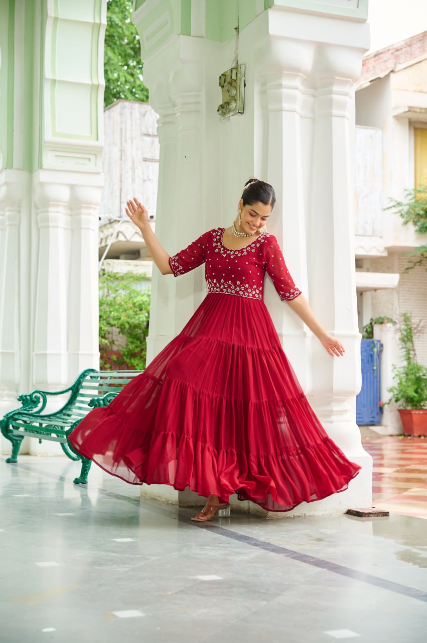 Embroidered Georgette Anarkali Gown Set With Sequins Work And Tiered Flair