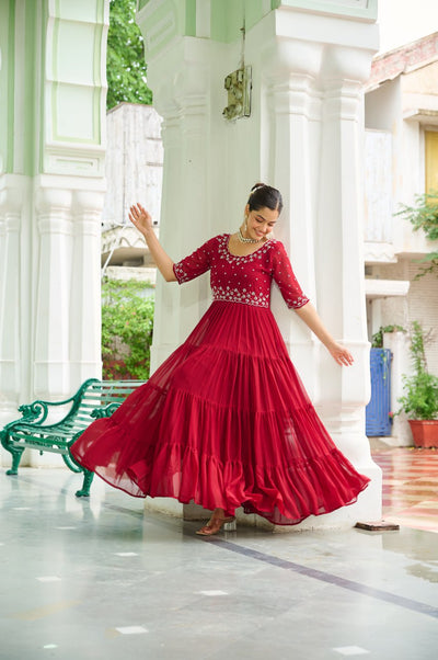 Embroidered Georgette Anarkali Gown Set With Sequins Work And Tiered Flair