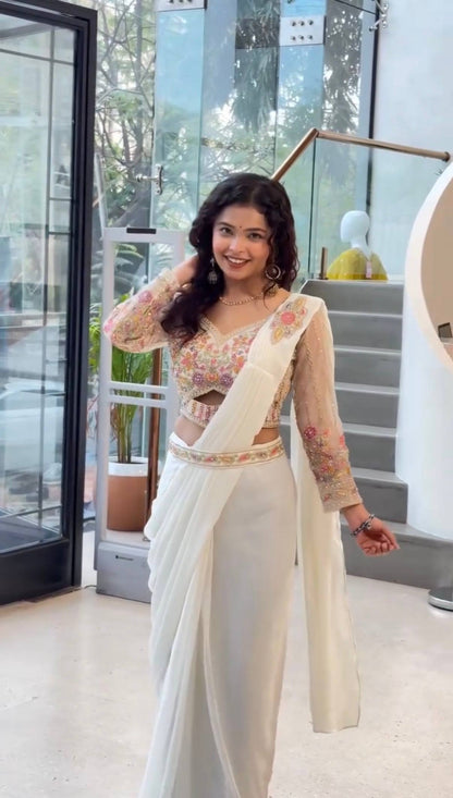 White Draped Ready-To-Wear Saree With Floral Embroidered Blouse