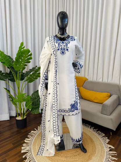 Red And White Cutwork Embroidered Straight Kurta Palazzo Set With Dupatta