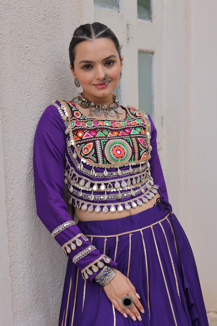 Designer Lehenga With Kutchi Gamthi Embroidered Blouse And Mirror Work