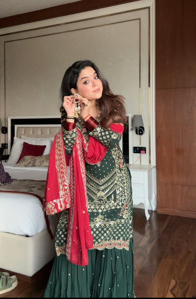 DARK GREEN EMBROIDERED SHARARA SUIT WITH HERITAGE TOUCH