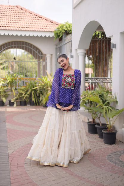 12 Meter Layered Flared Lehenga Choli With Kutchi Mirror Work And Leheriya Ruffle Top