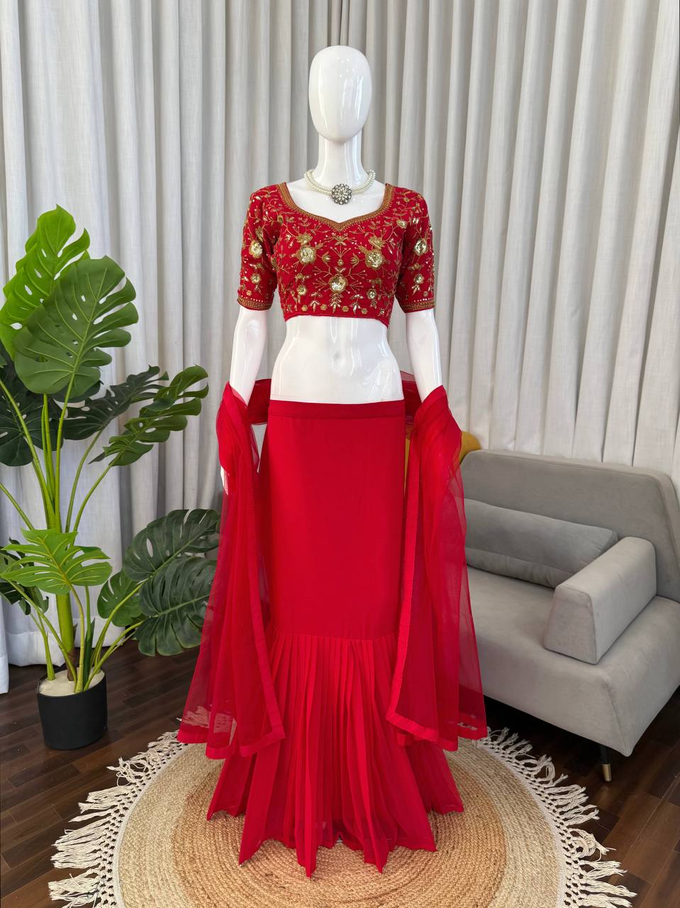 Red Embroidered Sweetheart Neck Blouse with Mermaid Lehenga Skirt And Net Dupatta Set