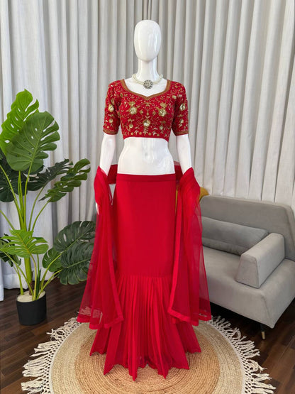 Red Embroidered Sweetheart Neck Blouse with Mermaid Lehenga Skirt And Net Dupatta Set
