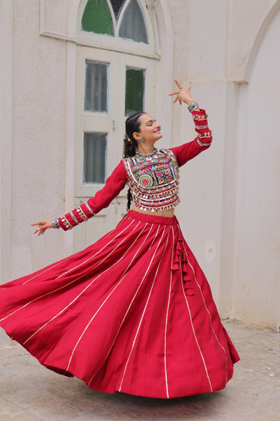 Designer Lehenga With Kutchi Gamthi Embroidered Blouse And Mirror Work