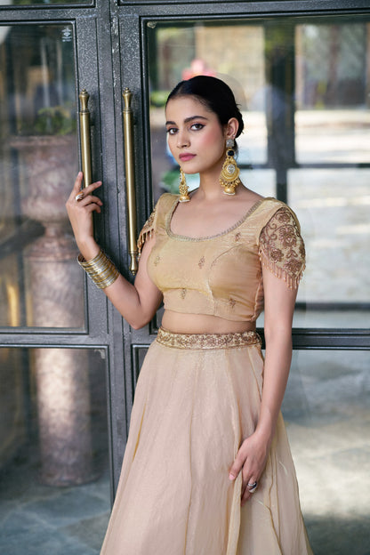 Designer Fendy Silk Lehenga Set With Zari Scallop Border And Attached Drape Dupatta