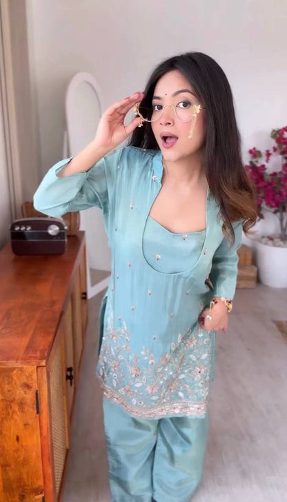 Sea Green Embroidered 3-Piece Jacket Style Kurta Set With Inner And Pants – Festive Fusion Wear