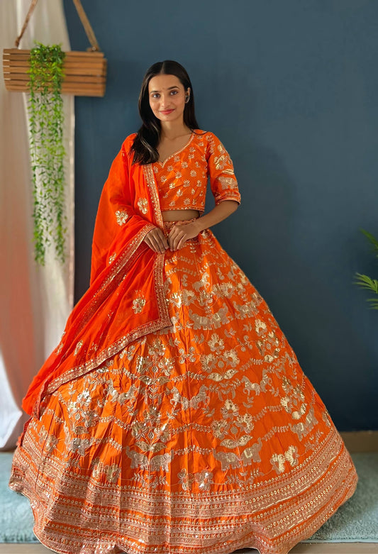 Kesari Orange Embroidered Lehenga Choli Set With Dupatta