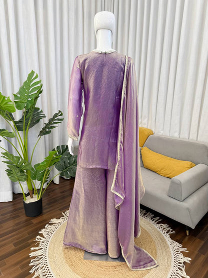 Lavender Silk Plazzo Suit With Heavy Zari And Sequins Embroidery