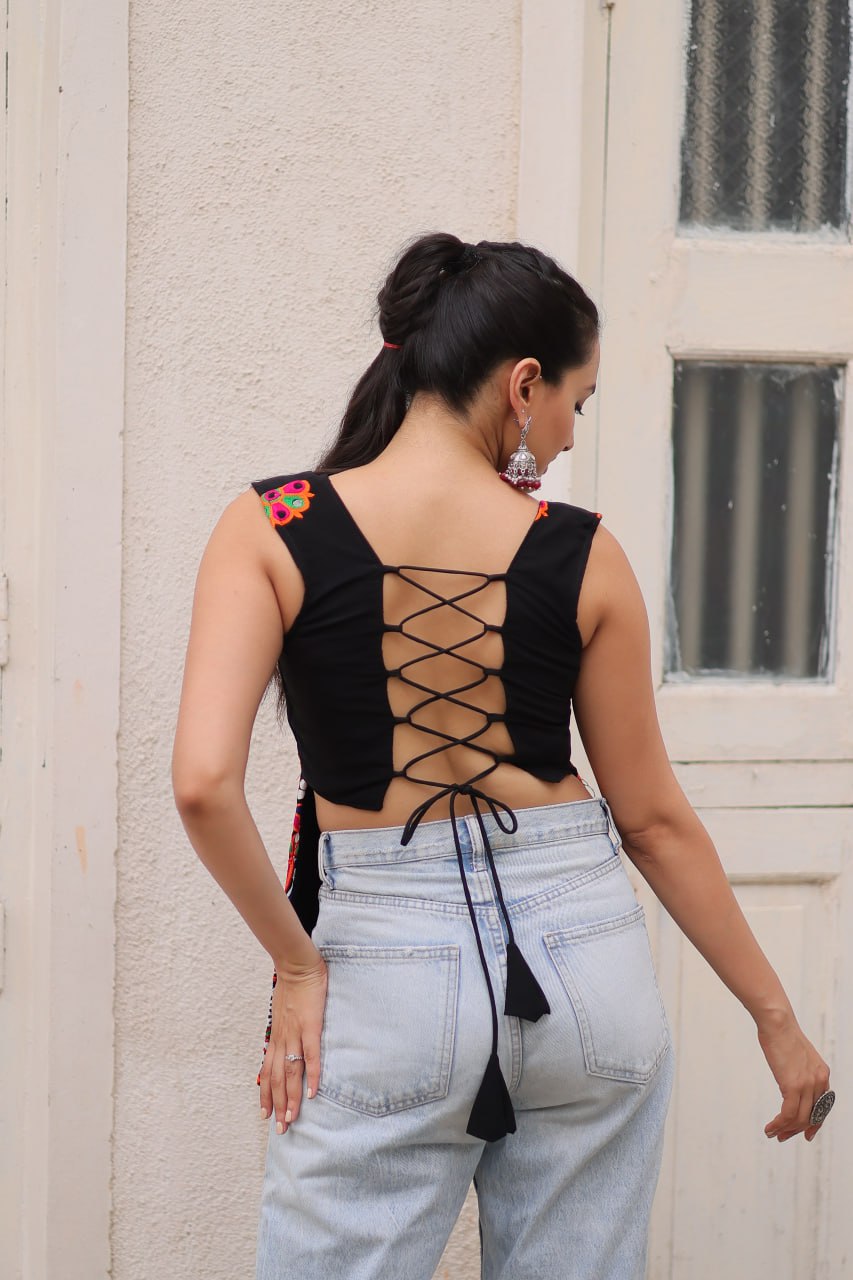 Black Sleeveless Gamthi Embroidered Top with Multicolor Mirror Work