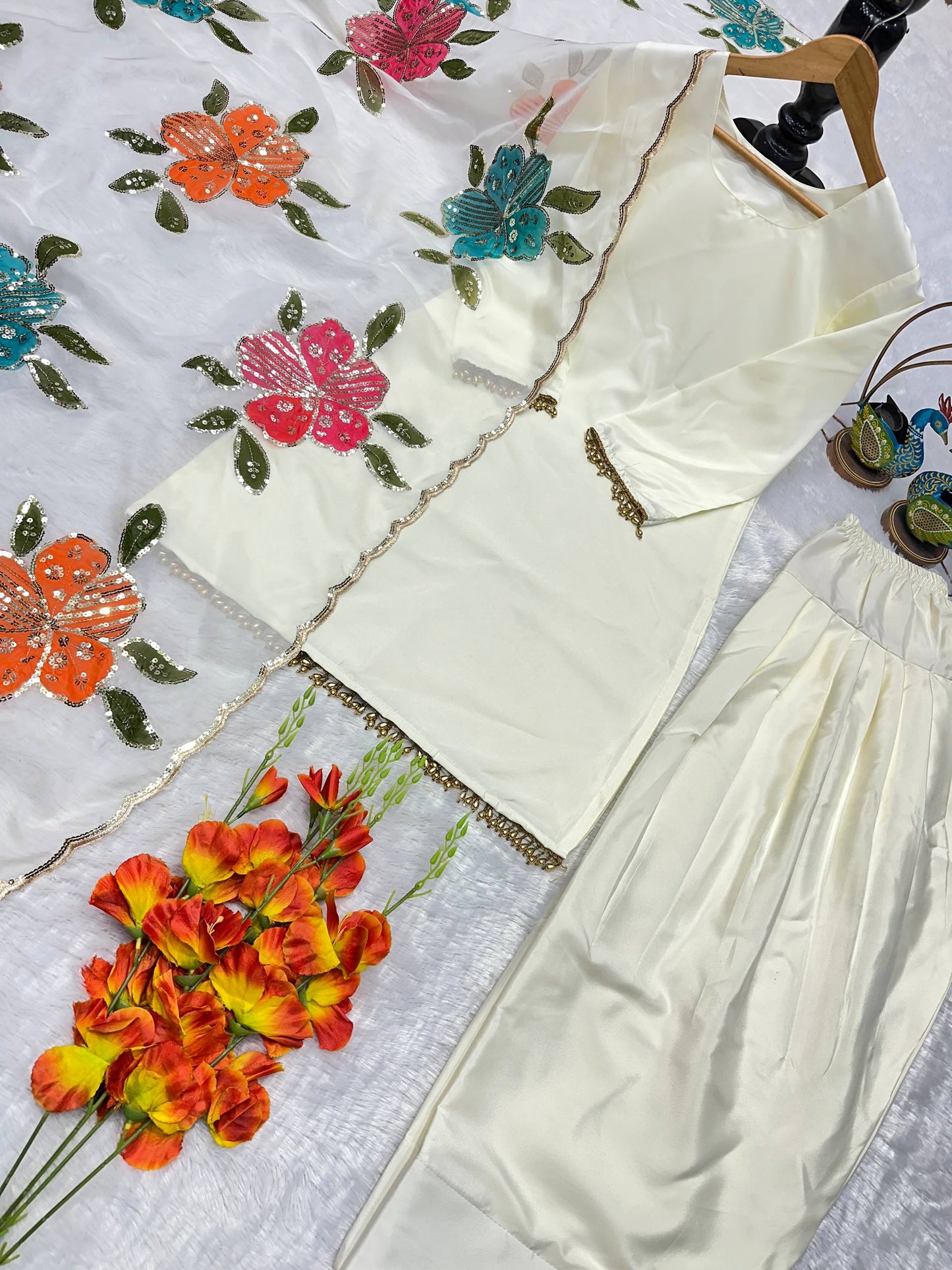 Elegant Off-White Salwar Suit With Multicolour Embroidered Dupatta