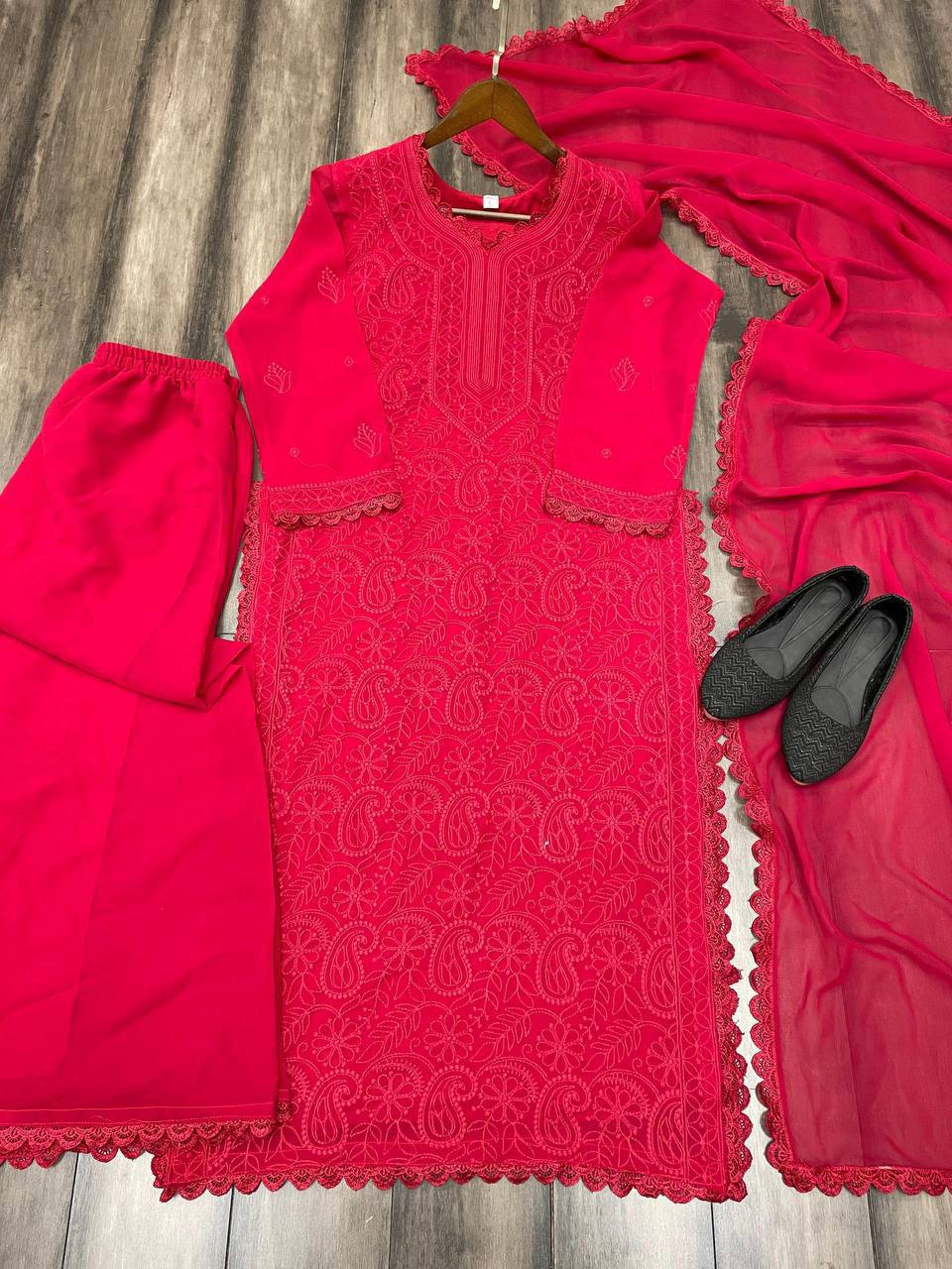 Red Chikankari Kurti With Lace Detail And Full Length Ethnic Wear