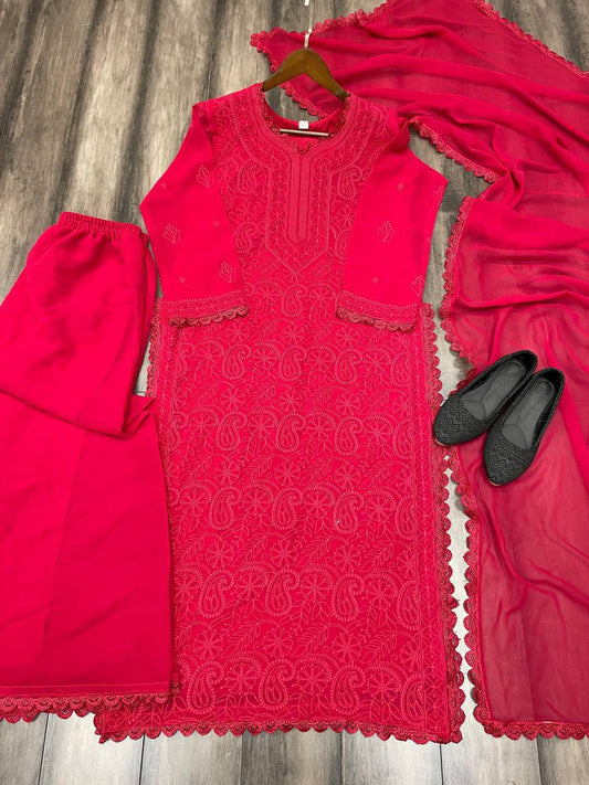 Red Chikankari Kurti With Lace Detail And Full Length Ethnic Wear