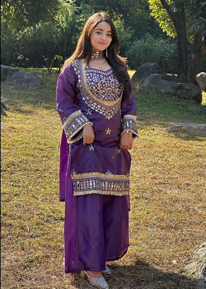 Purple Silk Sharara Suit With Real Mirror Work And Gold Lace Work