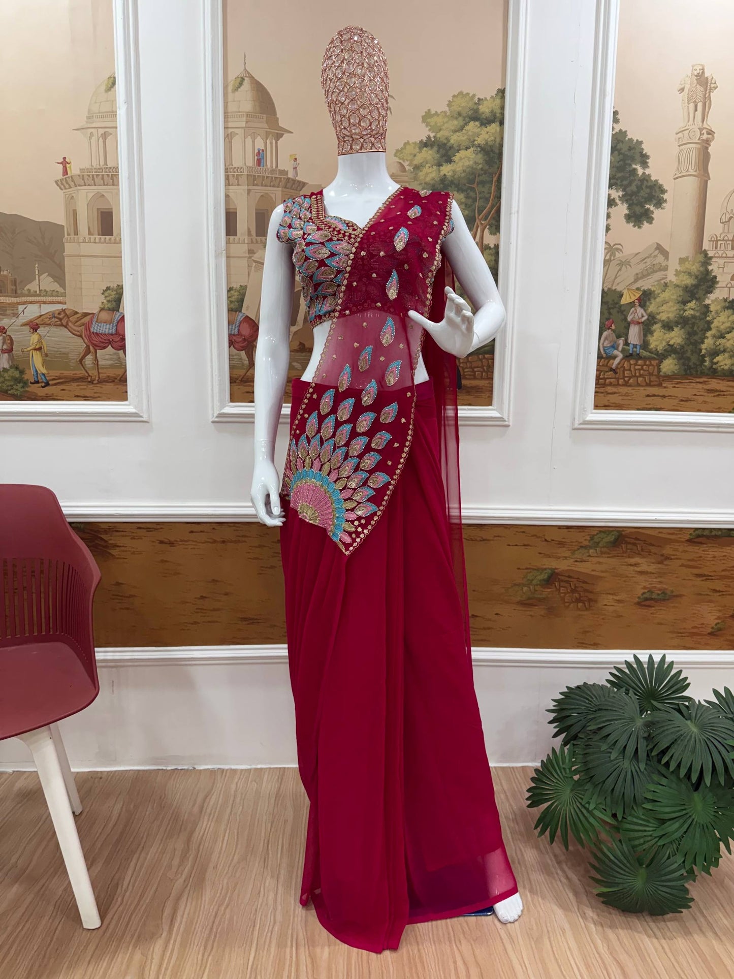 Red Pre-Draped Saree And Multicolour Embroidery Blouse