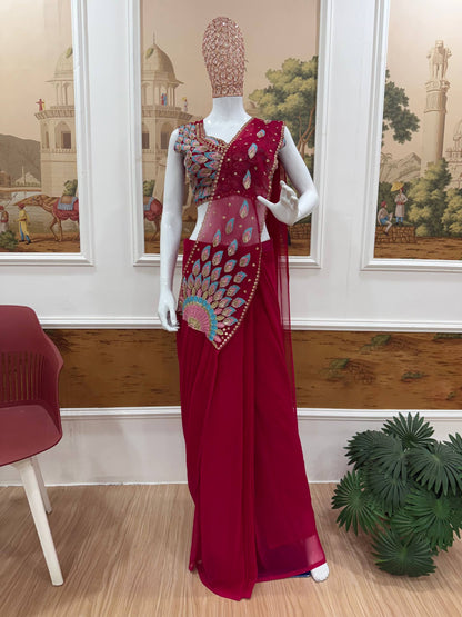 Red Pre-Draped Saree And Multicolour Embroidery Blouse