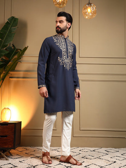 Classic Designer Embroidered Kurta Set For Men With White Pajama