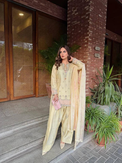Embroidered Farshi Salwar Suit With Tassel Neckline And Dupatta