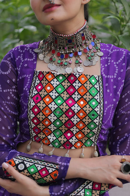 Bandhani Print Lehenga Set With Mirror Work Blouse And Full Sleeves