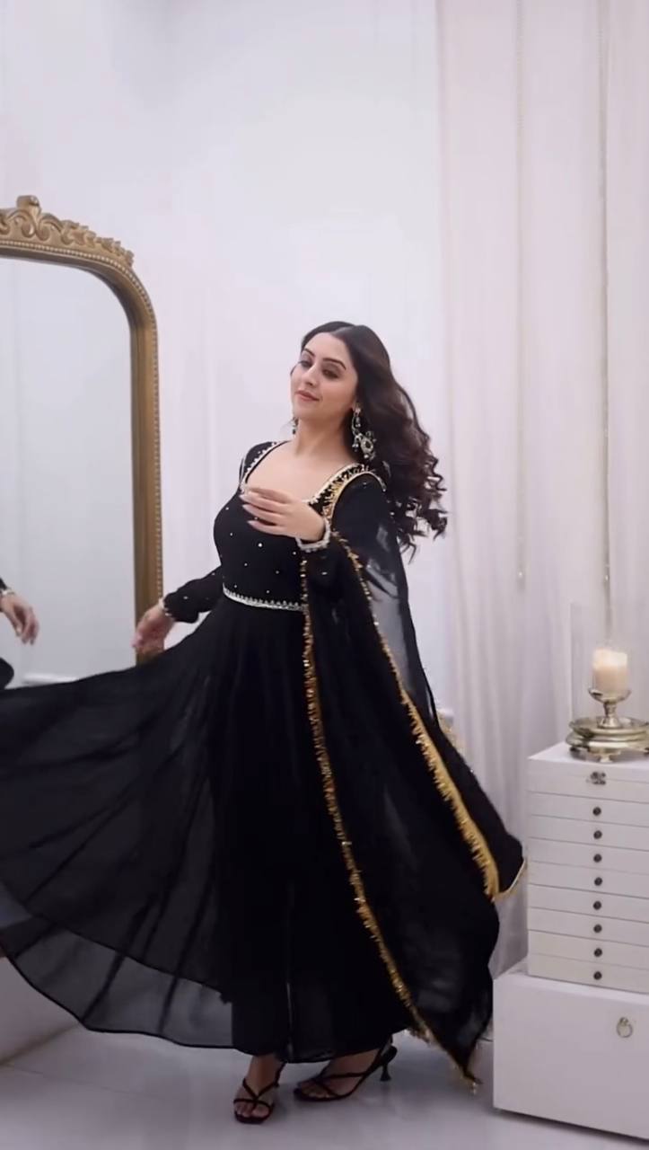 Black Georgette Anarkali Suit Work And Golden Lace Dupatta