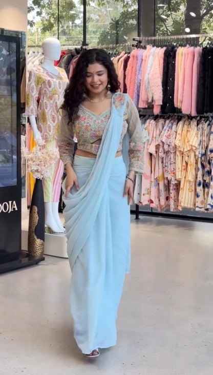 Draped Ready-To-Wear Light Blue Saree With Embroidered Floral Blouse