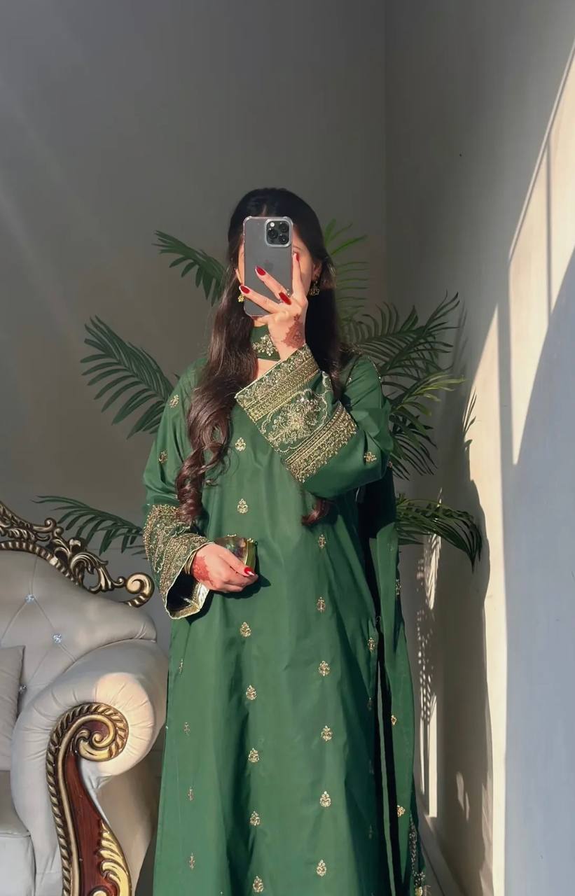 Green Embroidered Silk Kurti With Matching Sharara And Dupatta