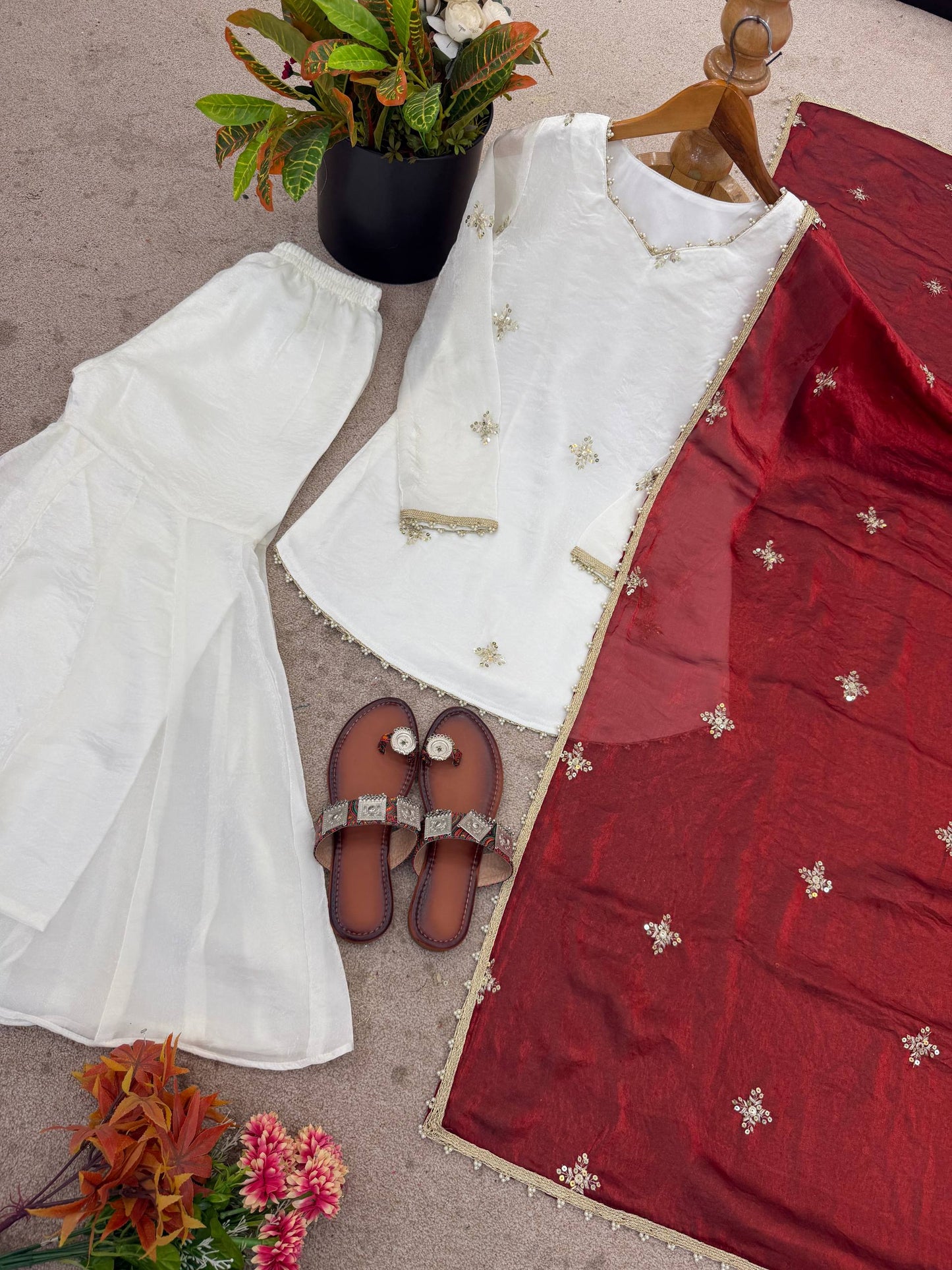 Embroidered Sharara Set with Contrast Sequin Maroon Dupatta