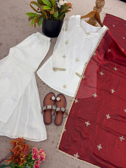 Embroidered Sharara Set with Contrast Sequin Maroon Dupatta