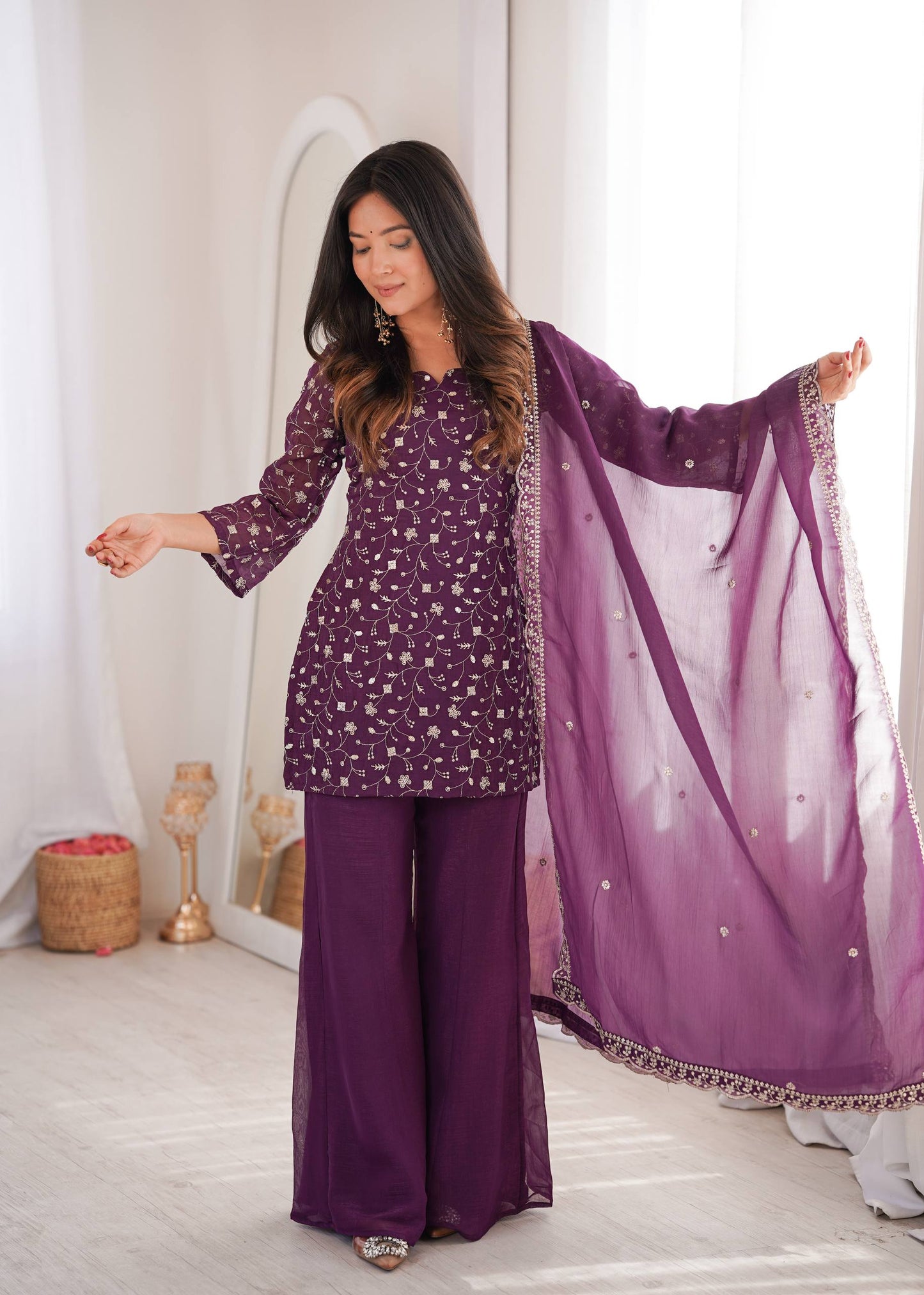 Purple Embroidered Suit Bell Bottom Pant - Festive Ethnic Wear